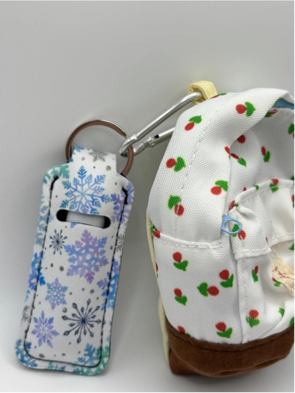 Mini Backpack Keychain Cherry Print + Hand Sanitizer Holder Snowflake NWOT - Picture 3 of 4
